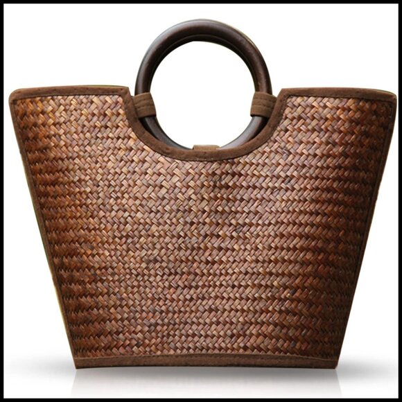 Boho Rattan Tote Bag Handmade Woven Straw Beach Bag Retro Wood Handle